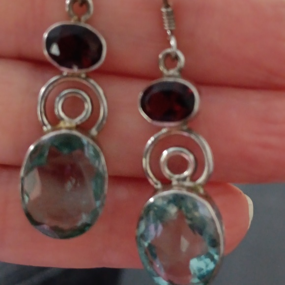 Blue Quartz and Garnet Sterling Silver Pierced Earrings - Picture 2 of 3